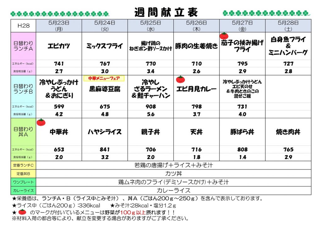 H28.5.23-5.28 週間献立表UP済