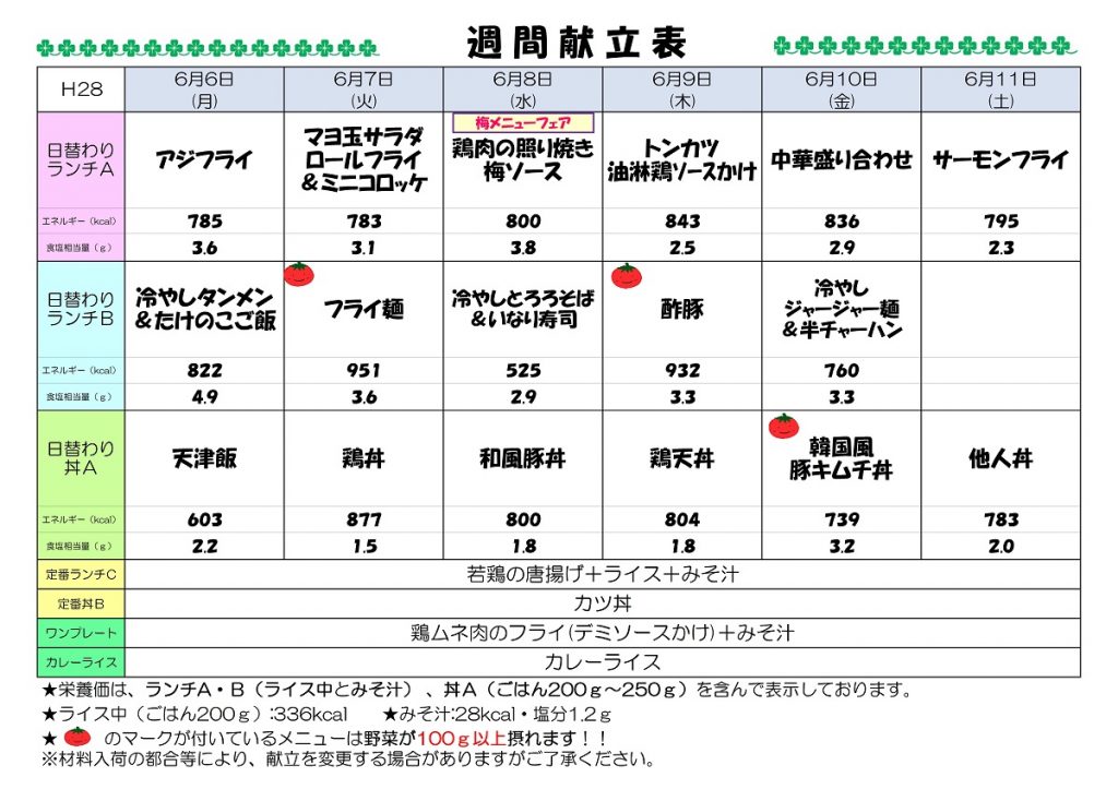 H28.6.6-6.11 週間献立表UP済