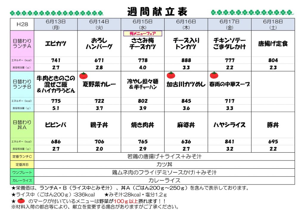 H28.6.13-6.18 週間献立表UP済