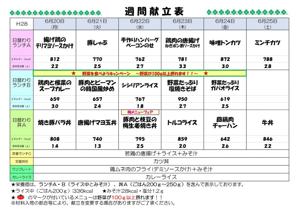 H28.6.20-6.25  週間献立表UP済