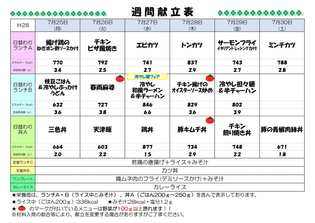 H28.7.25-7.30 週間献立表UP済