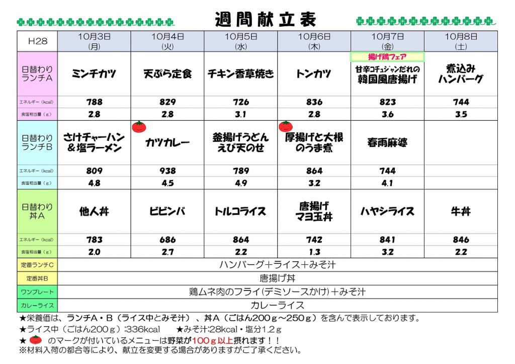 H28.10.3-10.8 週間献立表