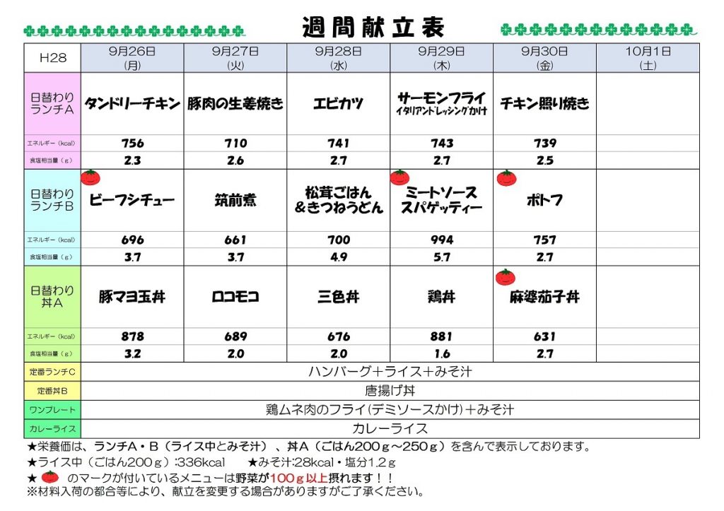 H28.9.26-10.1 週間献立表