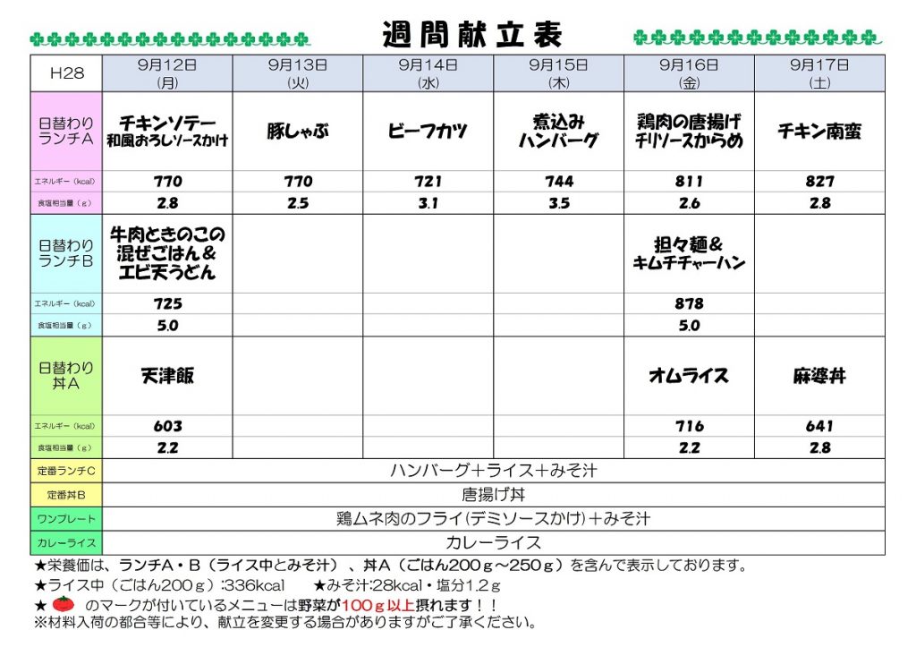 H28.9.12-9.17 週間献立表UP済