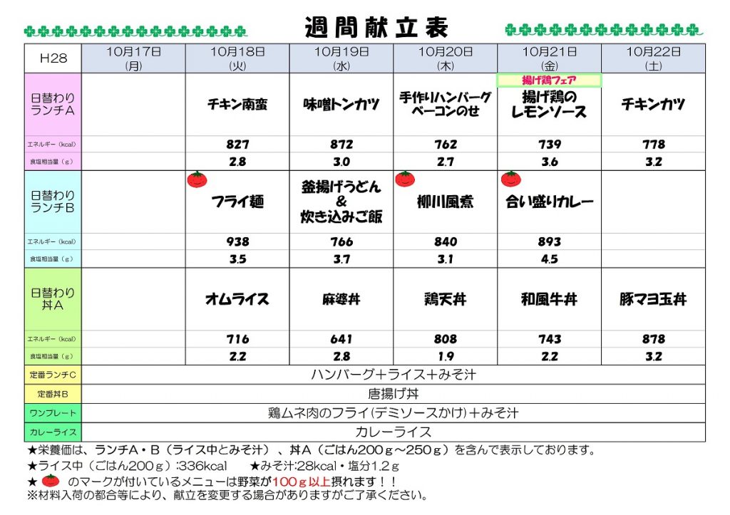 H28.10.17-10.22 週間献立表