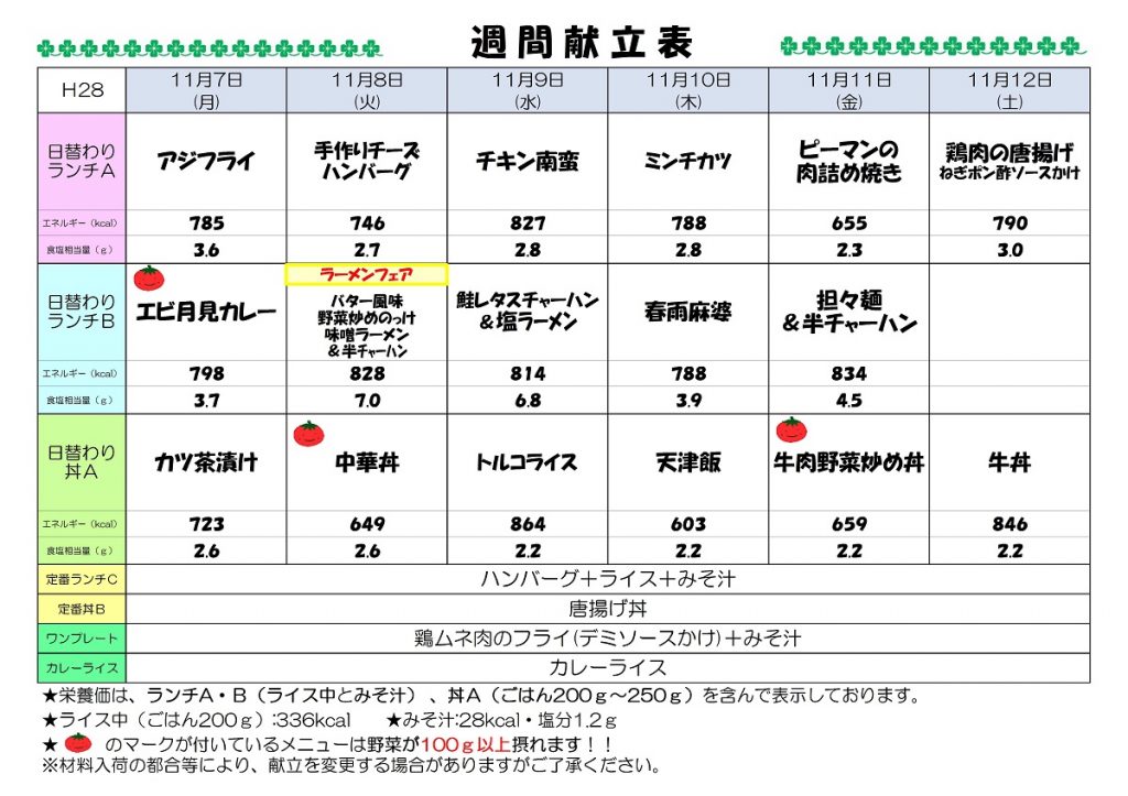 H28.11.7-11.12 週間献立表